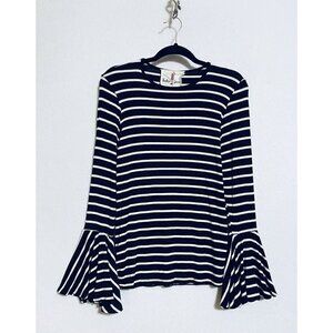 Boho Jane Top Womens Medium Striped Bell Sleeve Knit Black White Stretch
